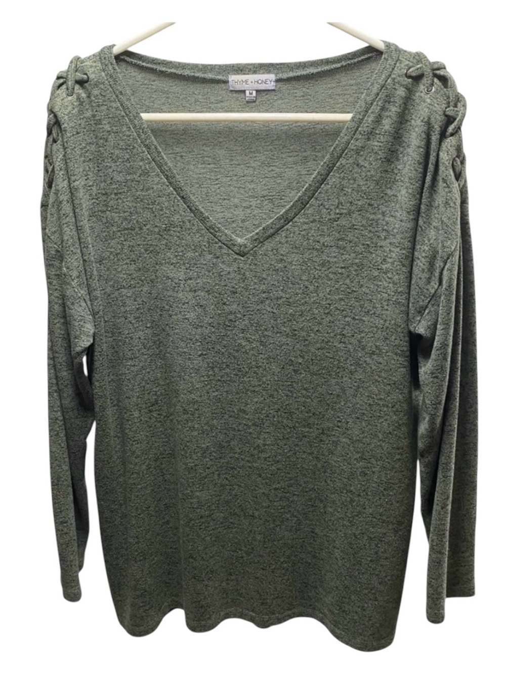 Thyme‎ & Honey Olive Green Soft Lightweight Sweater Lace Up Shouider sz Medium